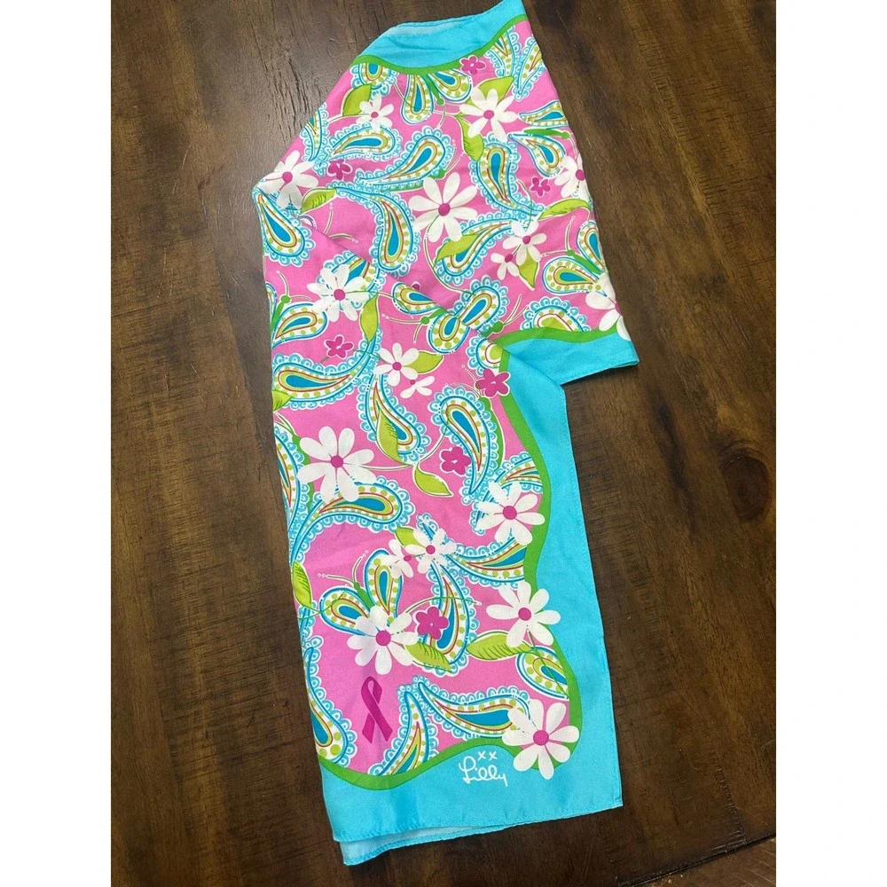 Lilly Pulitzer Pink Blue Paisley Floral Scarf Breast Cancer Awareness‎ Oblong